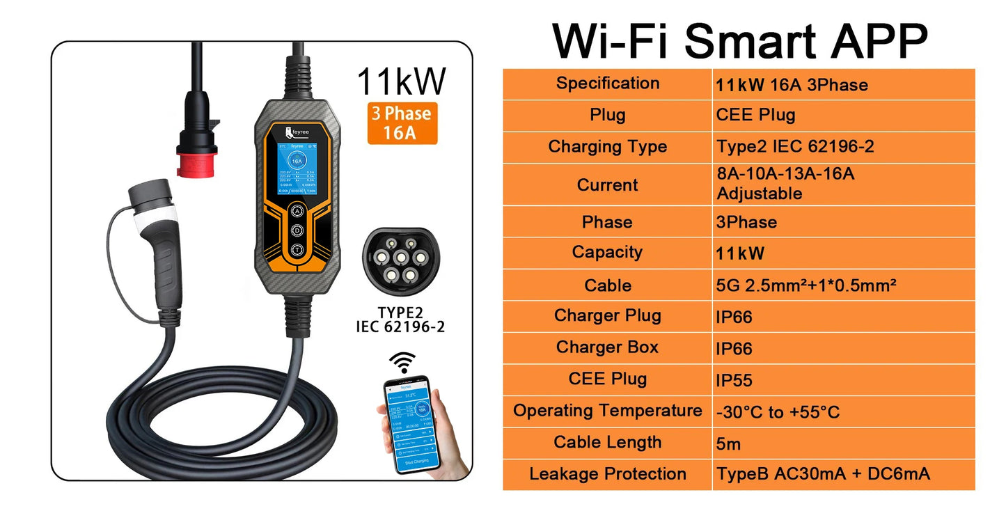 feyree 11kW Type2 16A 3Phase Portable EV Charger Wi-Fi APP Bluetooth Version EVSE Charging Cable 5m CEE Plug for Electric Car