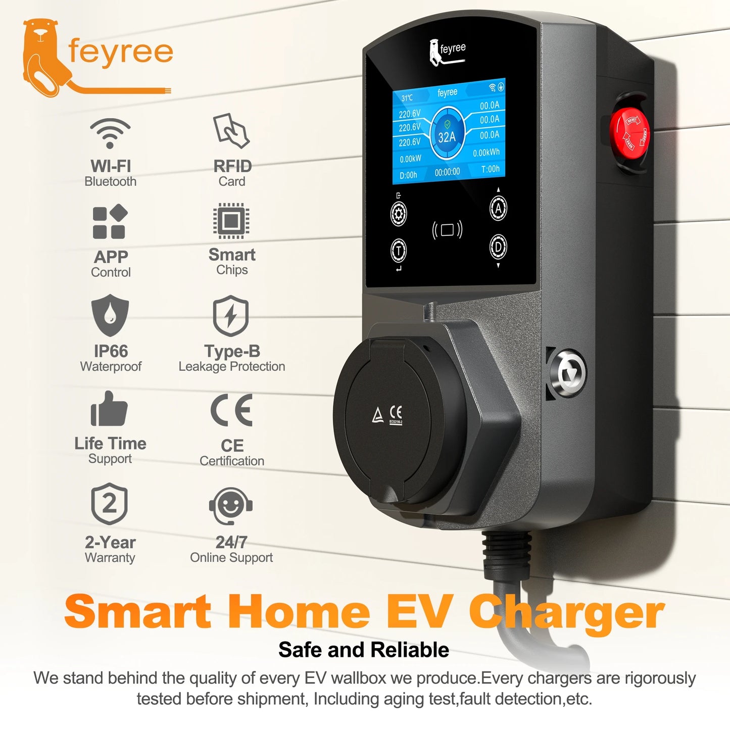 feyree Type2 EV Charger Socket Version 22KW Smart Electric Car Charger for TS-NACS Type1 GB/T Plug EVSE Wallbox WIFI APP Control