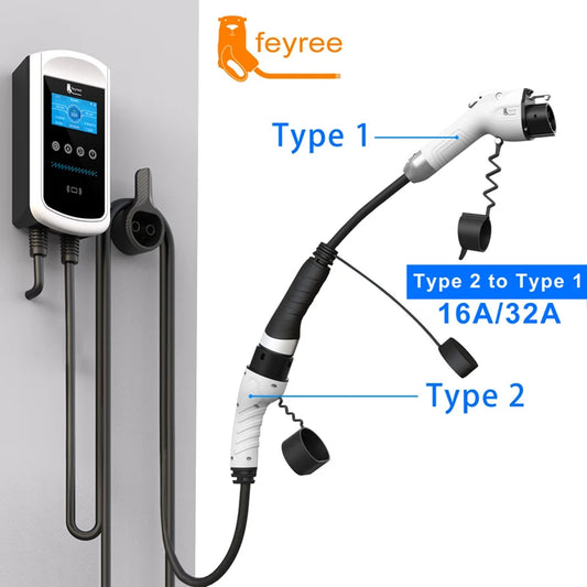 feyree Car EVSE Charger Plug 16A 3.5kW 32A 7kW Type2 to Type1 J1772 Cord Charging Cable Adapter for EV Charging Station Electric
