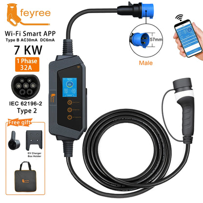 feyree Portable EV charger Type2 32A 7kW Fast Charging APP Wi-Fi Control by Setting Current & Charging time for Electric Vehicle