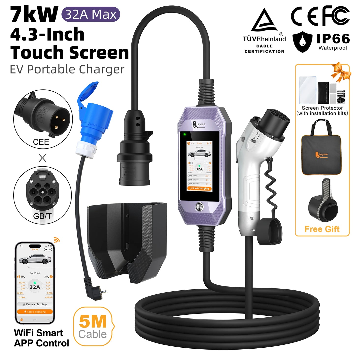 feyree Type2 /Type1 /GBT /TS-NACS 4.3inch Touch Screen EV Charger 32A 7kW 1P Portable Charger Smart APP WiFi Control for EV Cars