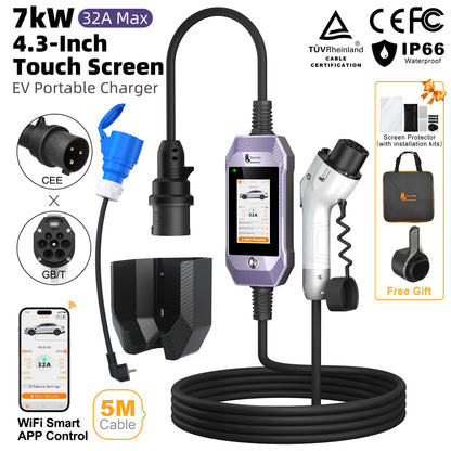 feyree Type2 /Type1 /GBT /TS-NACS 4.3inch Touch Screen EV Charger 32A 7kW 1P Portable Charger Smart APP WiFi Control for EV Cars