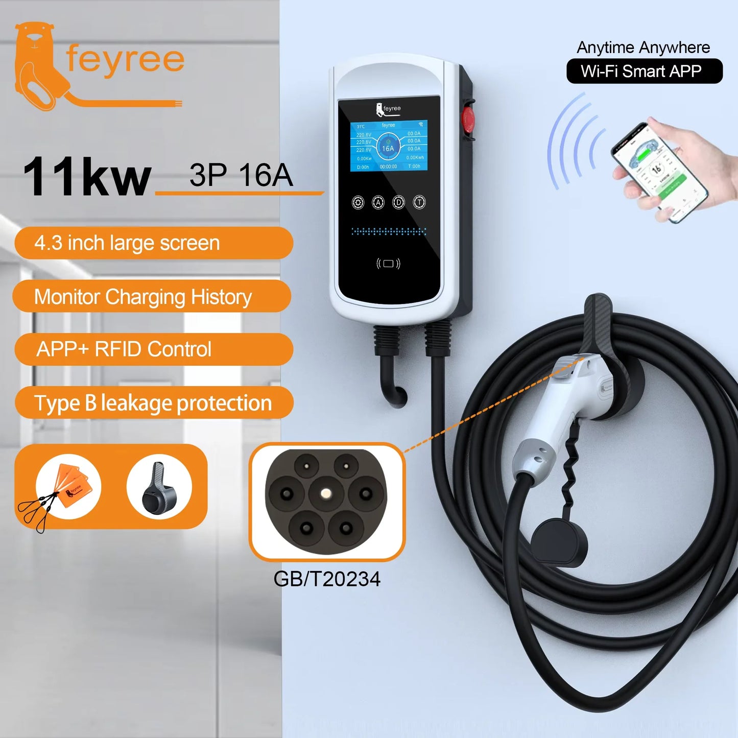 feyree EV Charger GB/T Socket 7.6kw 32A Wallbox 4.3 inch Big Screen APP Charge History Record 11kw 22kw 3 Phase Charging Station
