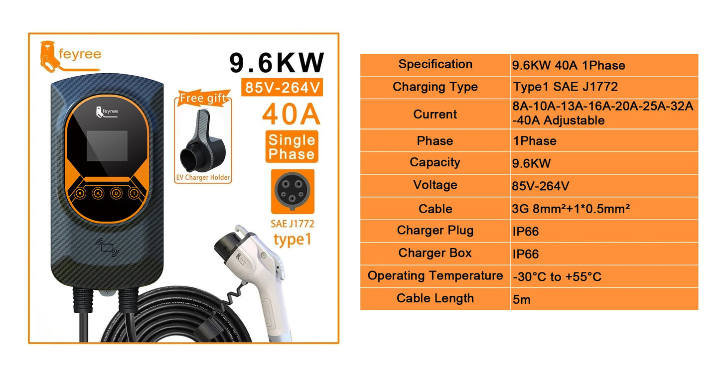 feyree EVSE Wallbox EV Charger Type1 50A 12KW Fast Charging 32A 7.6KW 40A 9.6KW Single Phase Charging Station for Electric Car
