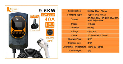feyree EVSE Wallbox EV Charger Type1 50A 12KW Fast Charging 32A 7.6KW 40A 9.6KW Single Phase Charging Station for Electric Car