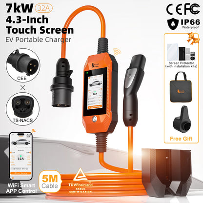 feyree TS-NACS Socket 7kW 32A 1P Portable EV Charger 4.3 Inch Touch Screen High Power Smart APP WiFi Control for EV Tesla Cars