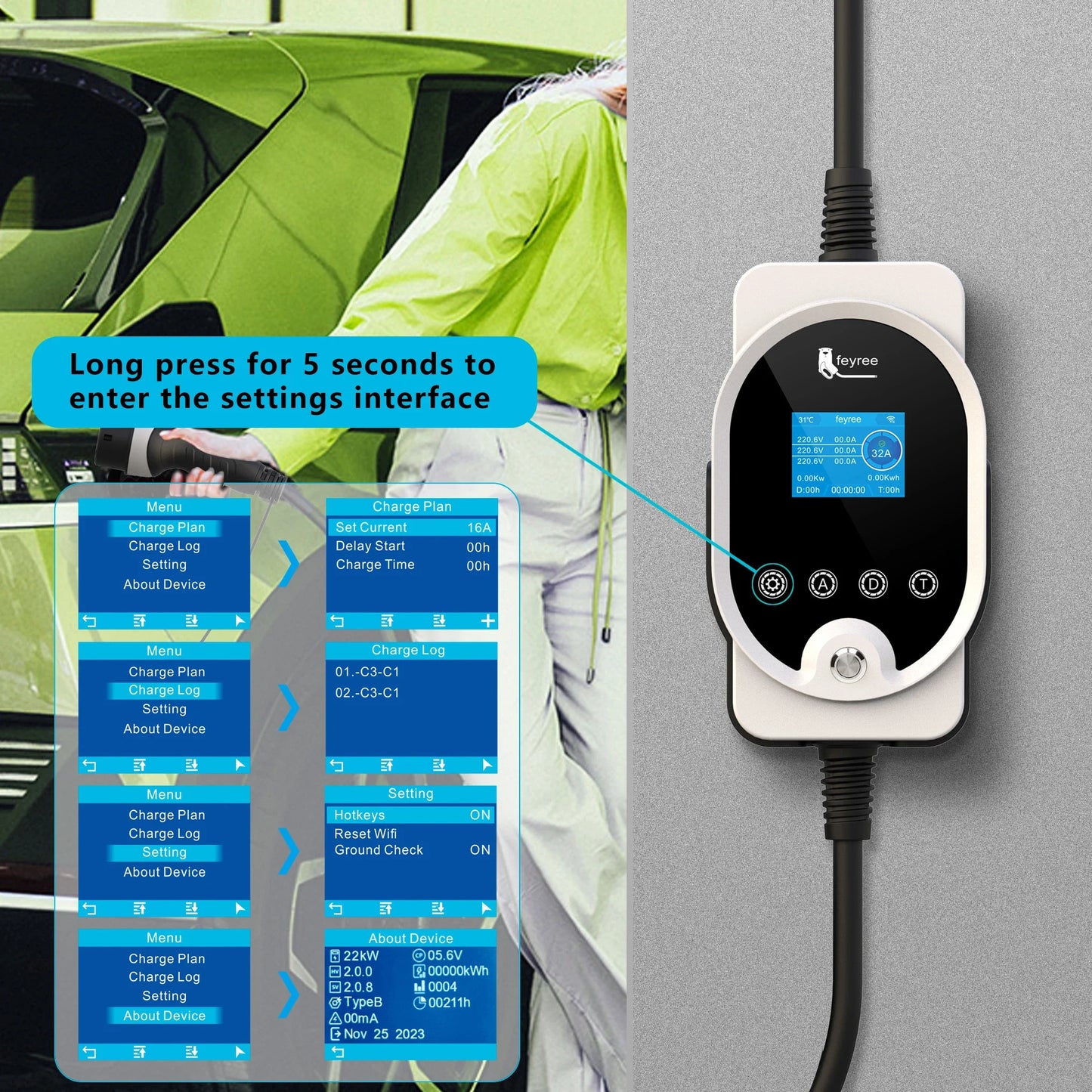feyree 22KW 32A 3Phase GB/T Portable EV Charger Fast Charger Charging Station Smart Wi-Fi APP Control for Electric Car Charger
