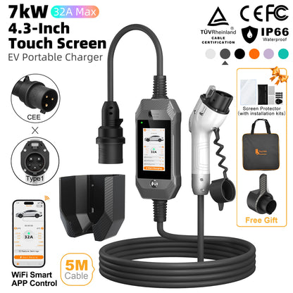 feyree 4.3'' TouchScreen Type1 Charging Plug Portable 7kW EV Charger Dual Temp Portection with Smart APP OTA Upgrade AC Charger