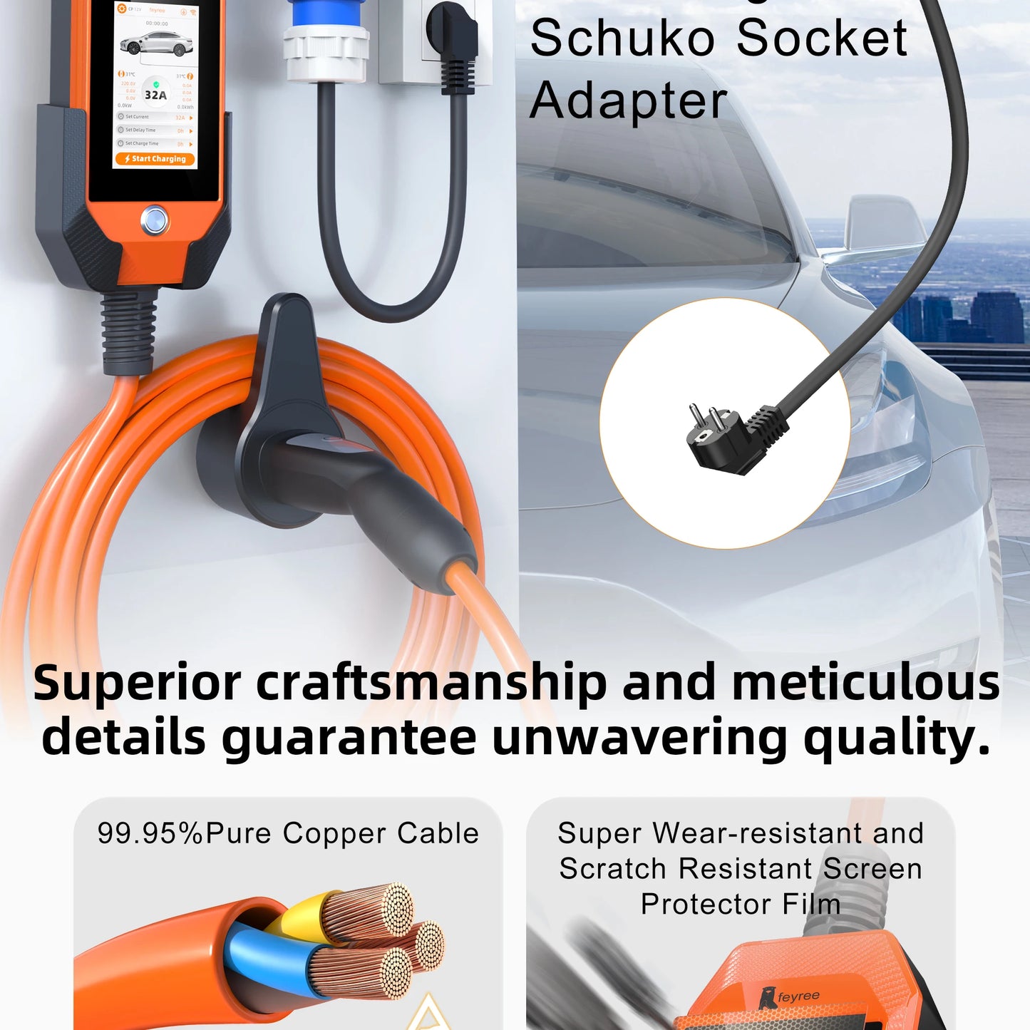 feyree TS-NACS Socket 7kW 32A 1P Portable EV Charger 4.3 Inch Touch Screen High Power Smart APP WiFi Control for EV Tesla Cars