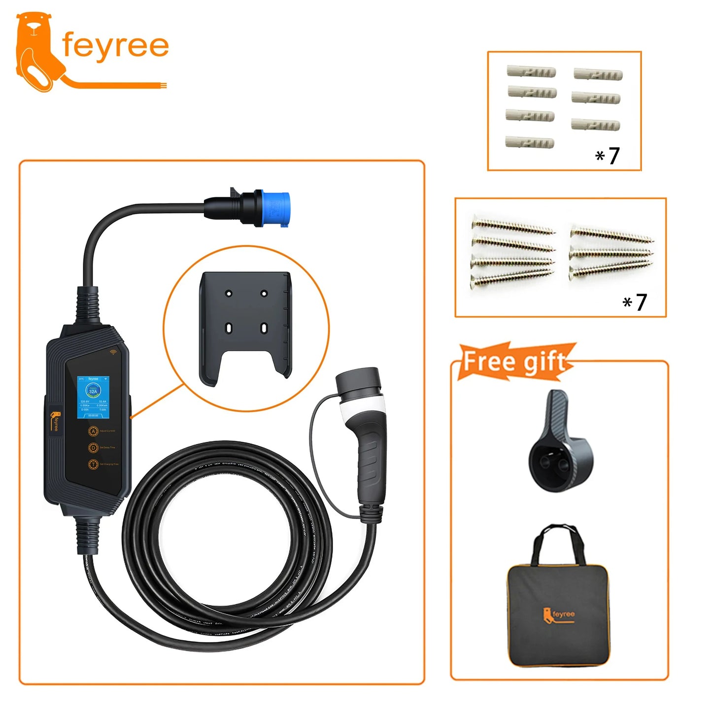 feyree Portable EV charger Type2 32A 7kW Fast Charging APP Wi-Fi Control by Setting Current & Charging time for Electric Vehicle