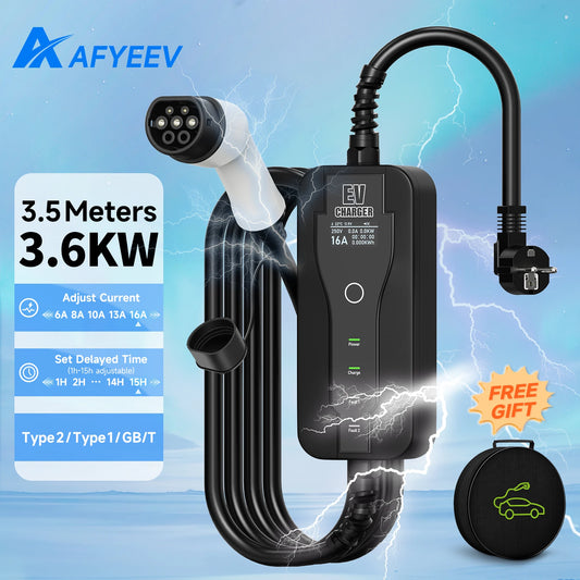 AFYEEV 3.6KW Type2 EV Portable Charger 16A 1Phase Type1 / GB/T Plug Connector Wallbox Charging Station For Electric Vehicle