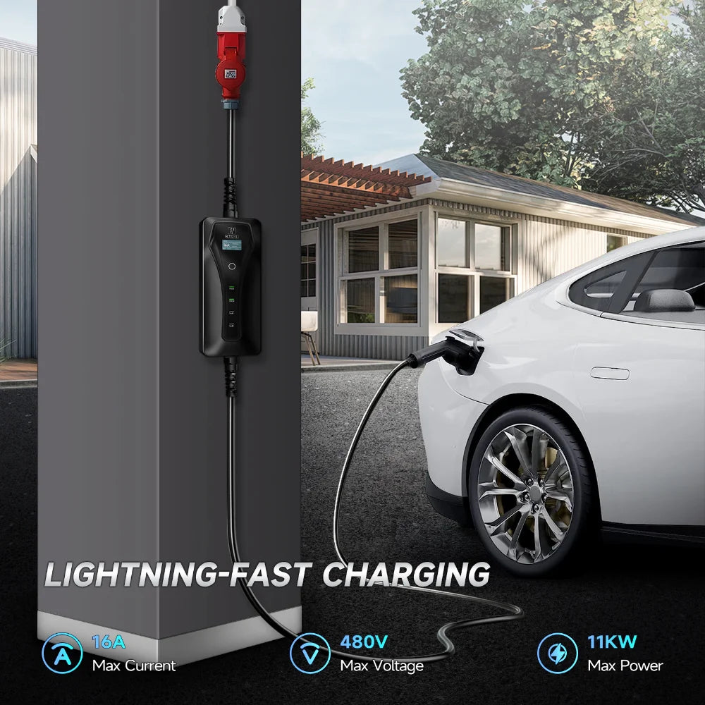 11KW 16A Portable Charger Type 2 Adjustable Current Reservation Time Charging Box CEE Plug IEC62196-2 Electric Vehicle Charger