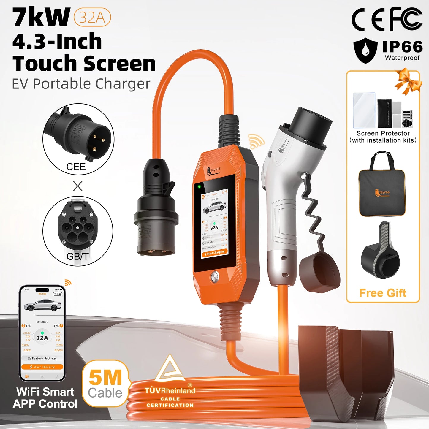 feyree Portable EV Charger 4.3" Touchscreen 7kW 32A GBT Plug, Smart APP WiFi Control, with Charging Log History for Electric Car