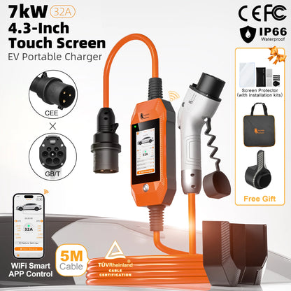 feyree Portable EV Charger 4.3" Touchscreen 7kW 32A GBT Plug, Smart APP WiFi Control, with Charging Log History for Electric Car