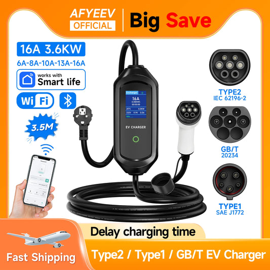 AFYEEV 3600W Portable Type2 IEC62196-2 EV Charger Type1 SAE J1772 Electric Car Charger GBT EVSE Charging Cable Wallbox EU Plug