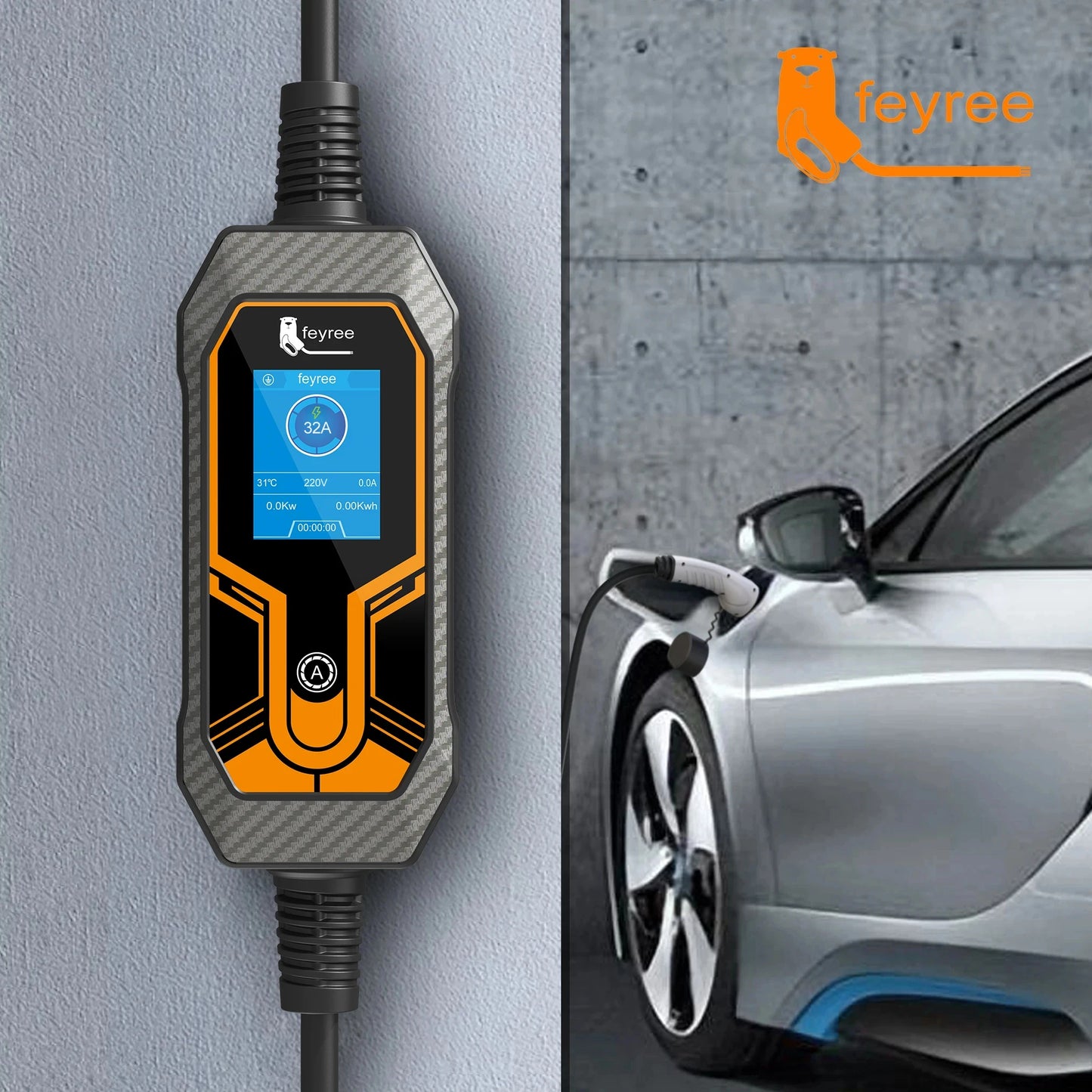 feyree Portable EV Charger Wallbox Type2 Cable 32A 7KW with CEE Plug EVSE Type1 Charging Box j1772 Adapter for Electric Vehicle