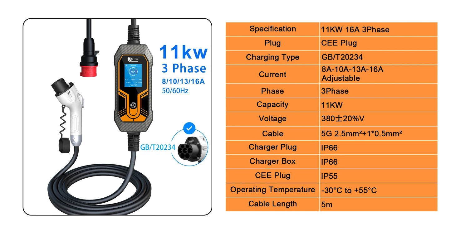 feyree 11KW 16A 3 Phase GB/T Cord EV Charger Adapter Portable Charging Box EVSE Car Charger with 5m Cable for Electric Vehicle
