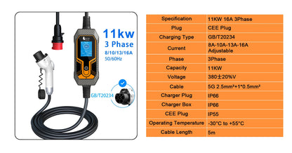 feyree 11KW 16A 3 Phase GB/T Cord EV Charger Adapter Portable Charging Box EVSE Car Charger with 5m Cable for Electric Vehicle