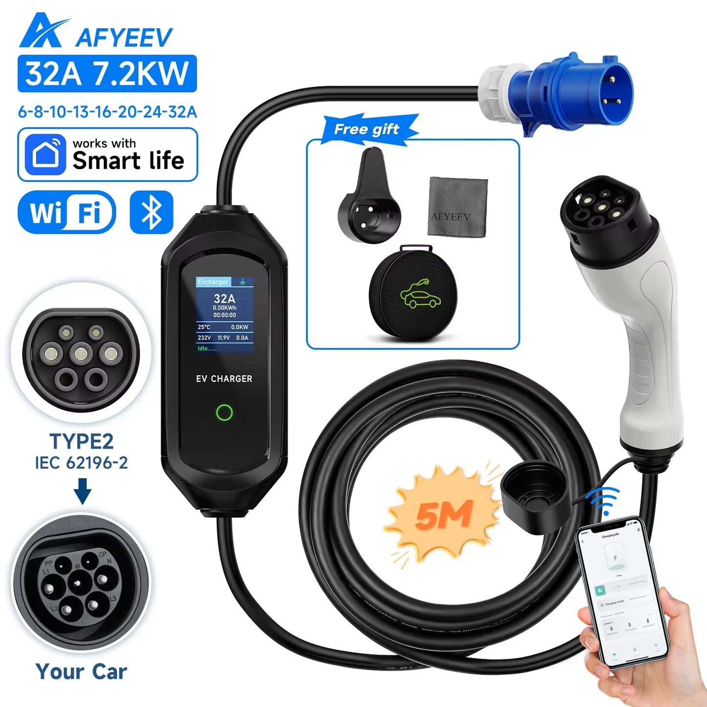 AFYEEV 32A 7.2KW Portable EV Charger Type2 Type1 Electric Vehicle Charger GB/T EVSE Charging Cable Wi-Fi Bluetooth APP Control