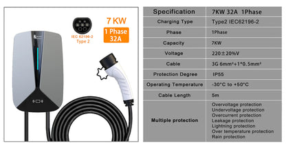 feyree Type2 32A 7.6KW 1Phase EV Charger  EVSE Wallbox RFID Cards Version 5m Cable Charging Station for Electric Vehicle Car