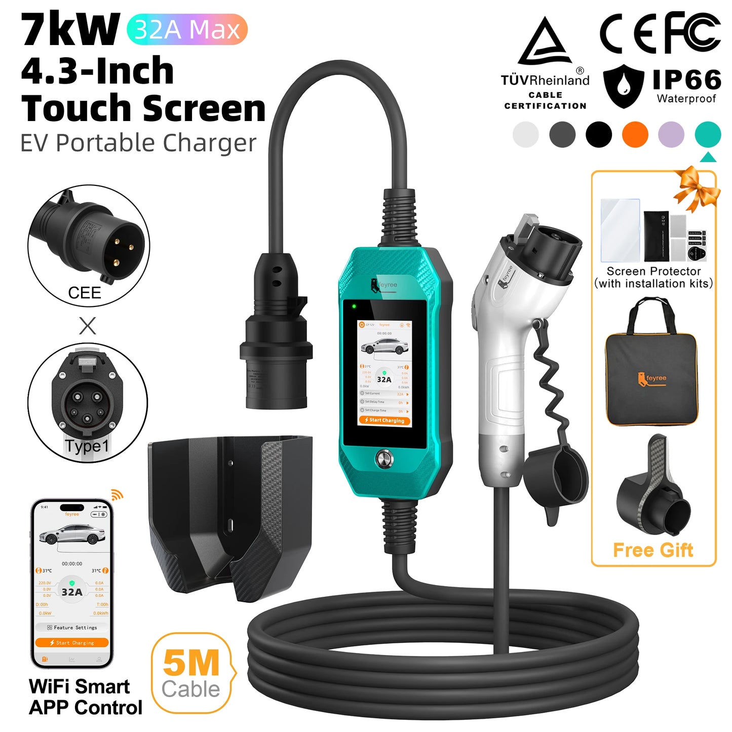feyree 4.3'' TouchScreen Type1 Charging Plug Portable 7kW EV Charger Dual Temp Portection with Smart APP OTA Upgrade AC Charger