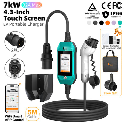 feyree 4.3'' TouchScreen Type1 Charging Plug Portable 7kW EV Charger Dual Temp Portection with Smart APP OTA Upgrade AC Charger