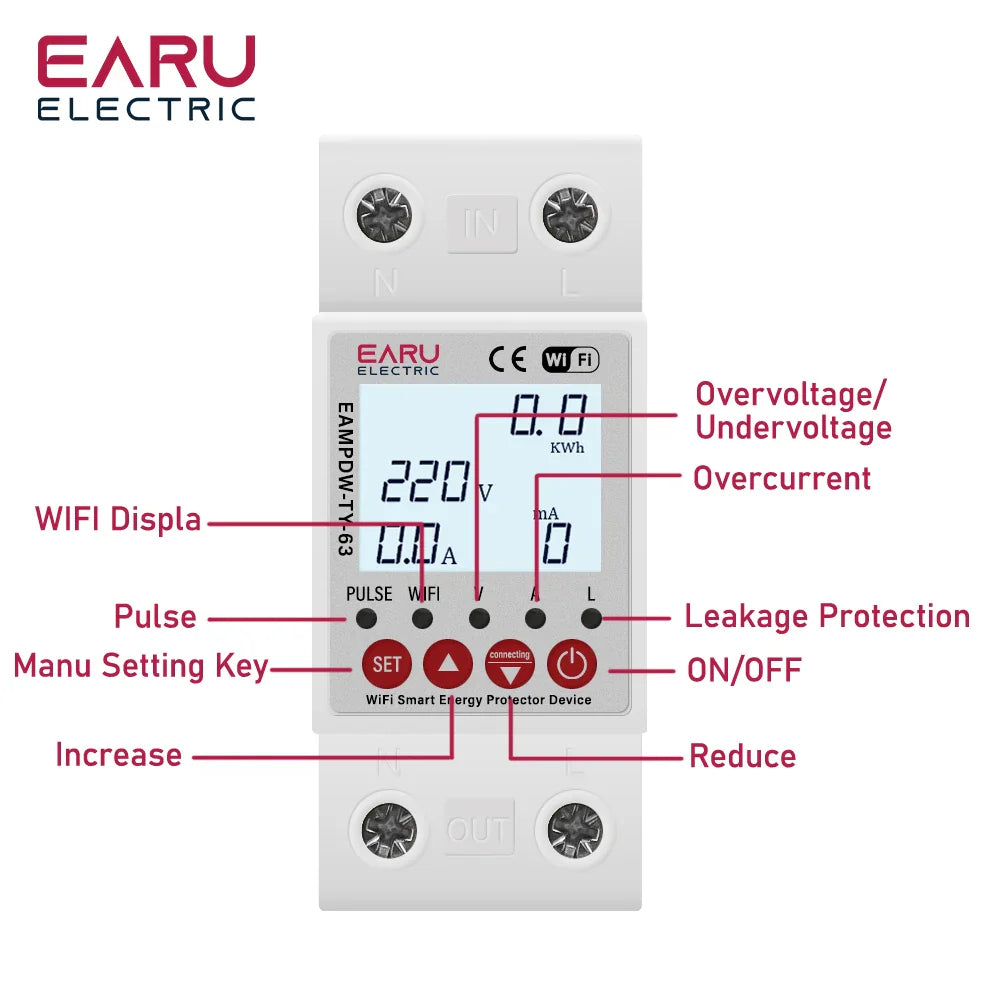2P 63A TUYA APP WiFi Smart Circuit Earth Leakage Over Under Voltage Protector Relay Device Switch Breaker Energy Power kWh Meter by 54Grid - Renewable Energy Store