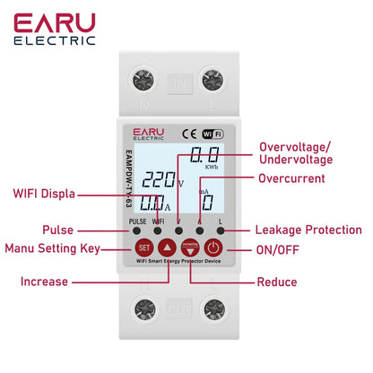 2P 63A TUYA APP WiFi Smart Circuit Earth Leakage Over Under Voltage Protector Relay Device Switch Breaker Energy Power kWh Meter by 54Grid - Renewable Energy Store