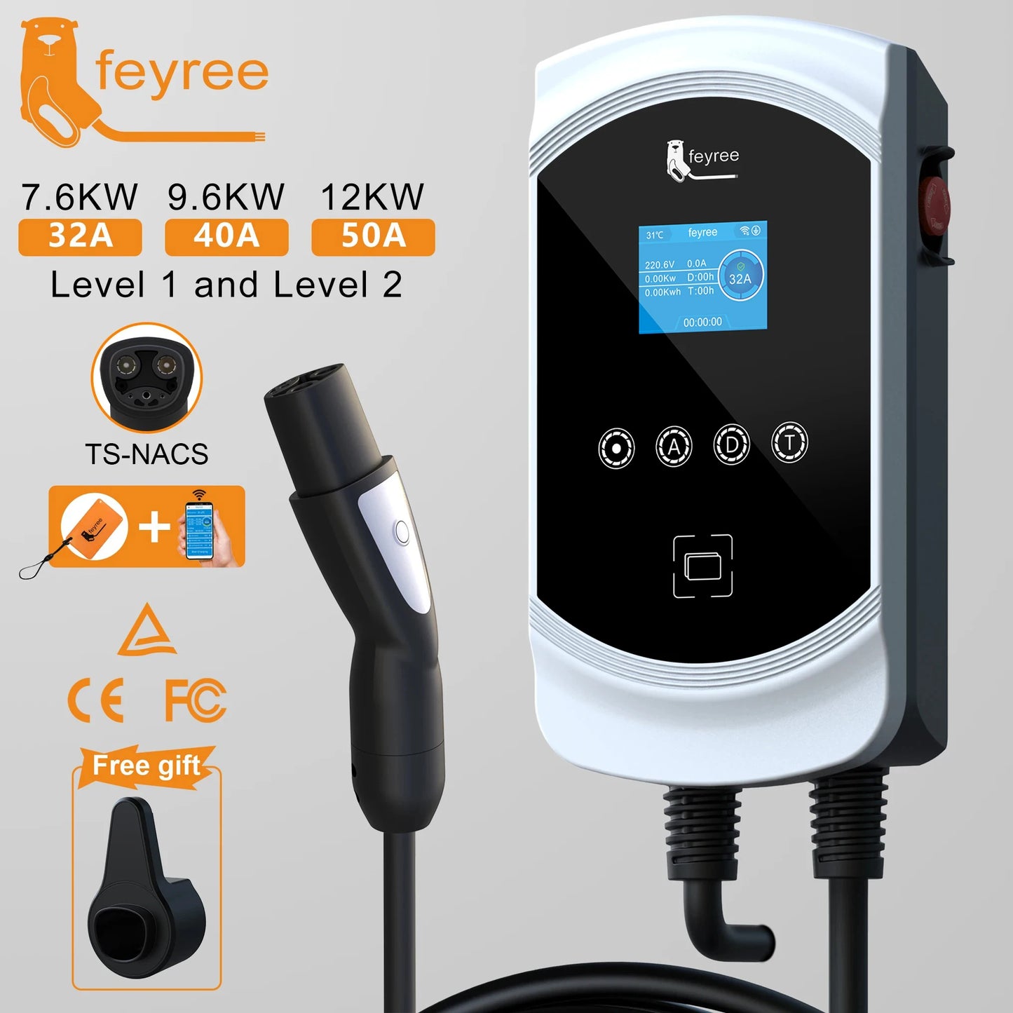 feyree EV Charging Station 32A 7.6KW Electric Vehicle Car Charger EVSE Wallbox 9.6KW 12KW 5m Cable TS-NACS Socket APP Control