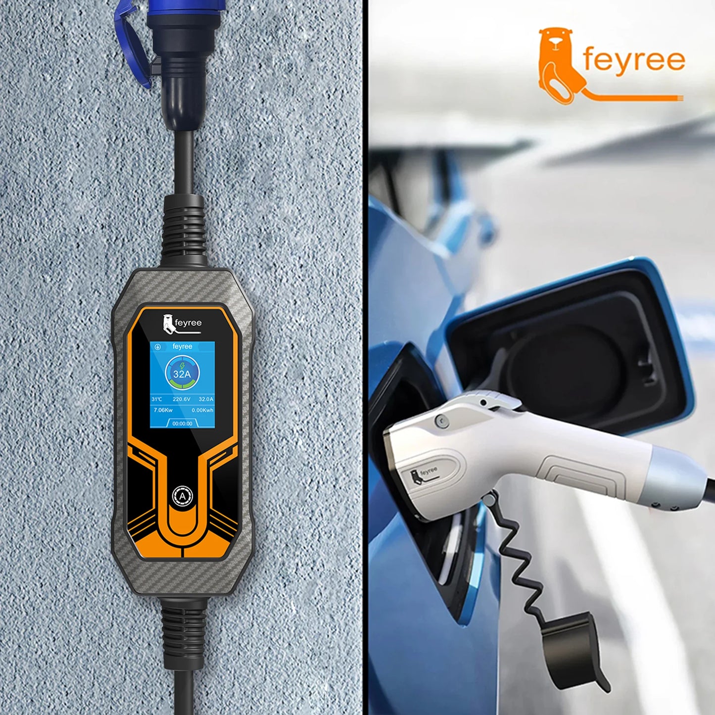 feyree Type1 j1772 7kW 32A 1Phase Portable EV Charger Wallbox with CEE Plug EVSE Charging Box for Electric Car Charger 5m Cable