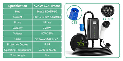 Portable Electric Vehicle Charger Type 1 Sae J1772 16A 32A Charging Cable Type 2 IEC62196-2 11KW EU Plug Controller Wall Box