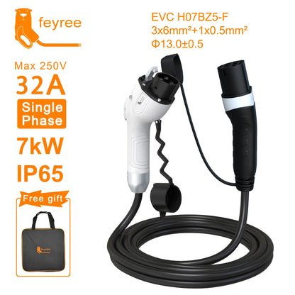 feyree EV Charging Cable 7KW 32A 1Phase Type1 Car Charging Socket to Type2 Power Supply Side 16A 3.5KW 5m Cable for Electric Car