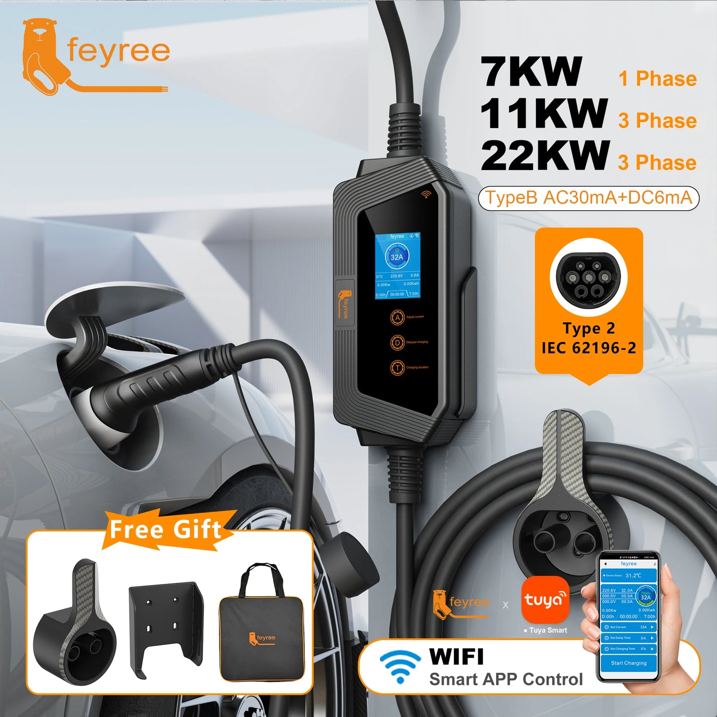 feyree Portable EV Charger Type2 22KW 11KW 3P Fast Charging 32A 7KW 1P Smart APP Wi-Fi Control for Electric Vehicle Car Charger
