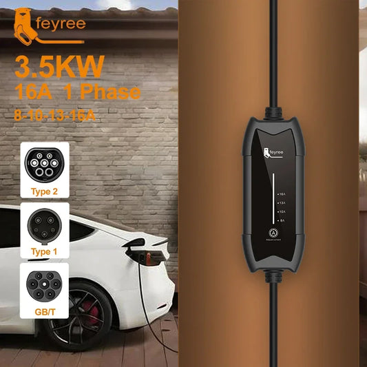 feyree EV Charger Type2 16A 3.5KW 1Phase GB/T / Type1 Current Adjustable 3.5m Cable Portable Charging Box for Electric Vehicle