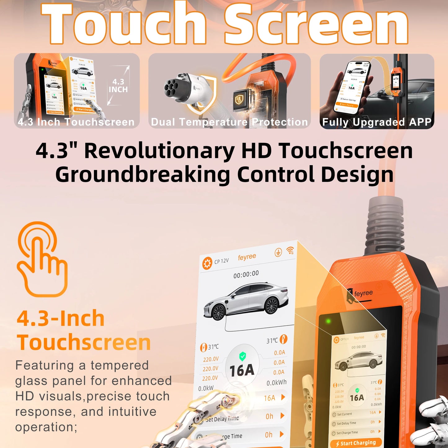 feyree 11kW 16A 3P Portable EV Charger GB/T Plug 4.3" Touchscreen & Charge History WIFI APP Ctrl Smart EVSE for Electric Vehicle
