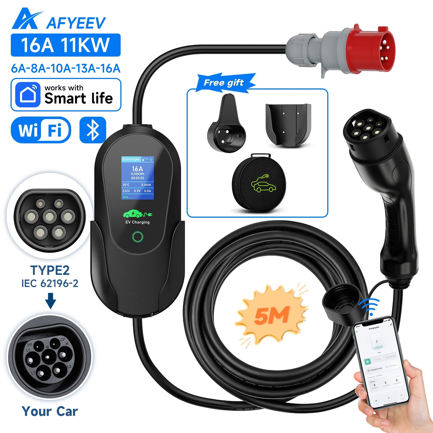 AFYEEV Type2 Portable EV Charger 11KW 16A 3 Phase GBT Electric Car Charger Wi-Fi APP Bluetooth Version Remote Control CEE Plug