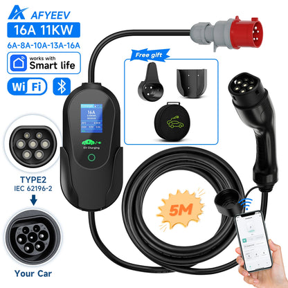 AFYEEV Type2 Portable EV Charger 11KW 16A 3 Phase GBT Electric Car Charger Wi-Fi APP Bluetooth Version Remote Control CEE Plug