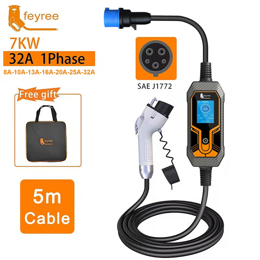 feyree Type1 j1772 7kW 32A 1Phase Portable EV Charger Wallbox with CEE Plug EVSE Charging Box for Electric Car Charger 5m Cable