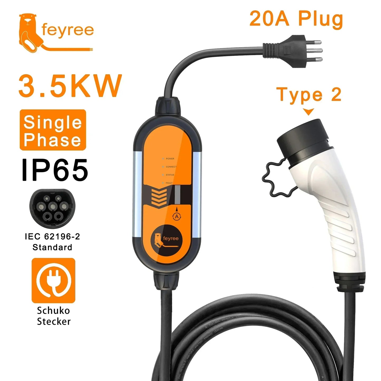 feyree 32A 7KW Type2 EV Portable Charger 3.5KW 16A 1Phase EVSE Charging Box 11KW 16A 3Phase Car Charger for Electric Vehicle by 54Grid - Renewable Energy Store