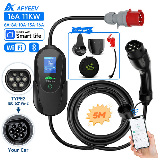 AFYEEV Type2 Portable EV Charger 11KW 16A 3 Phase GBT Electric Car Charger Wi-Fi APP Bluetooth Version Remote Control CEE Plug