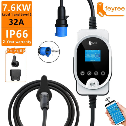 feyree Type2 7KW 32A 1P APP Wi-Fi Control Setting Current & Charging Time Type1 / GBT / TS-NACS Plug
