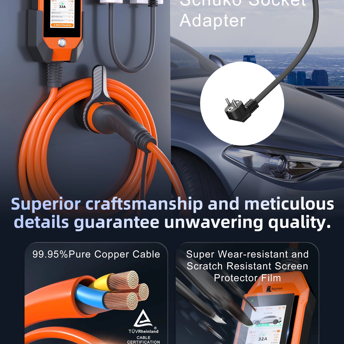 feyree Touch Screen Portable EV Charger Type2 / Type1 / GBT / TS-NACS Socket EV Charger 32A 7KW 1 Phase Smart APP Wi-Fi Control