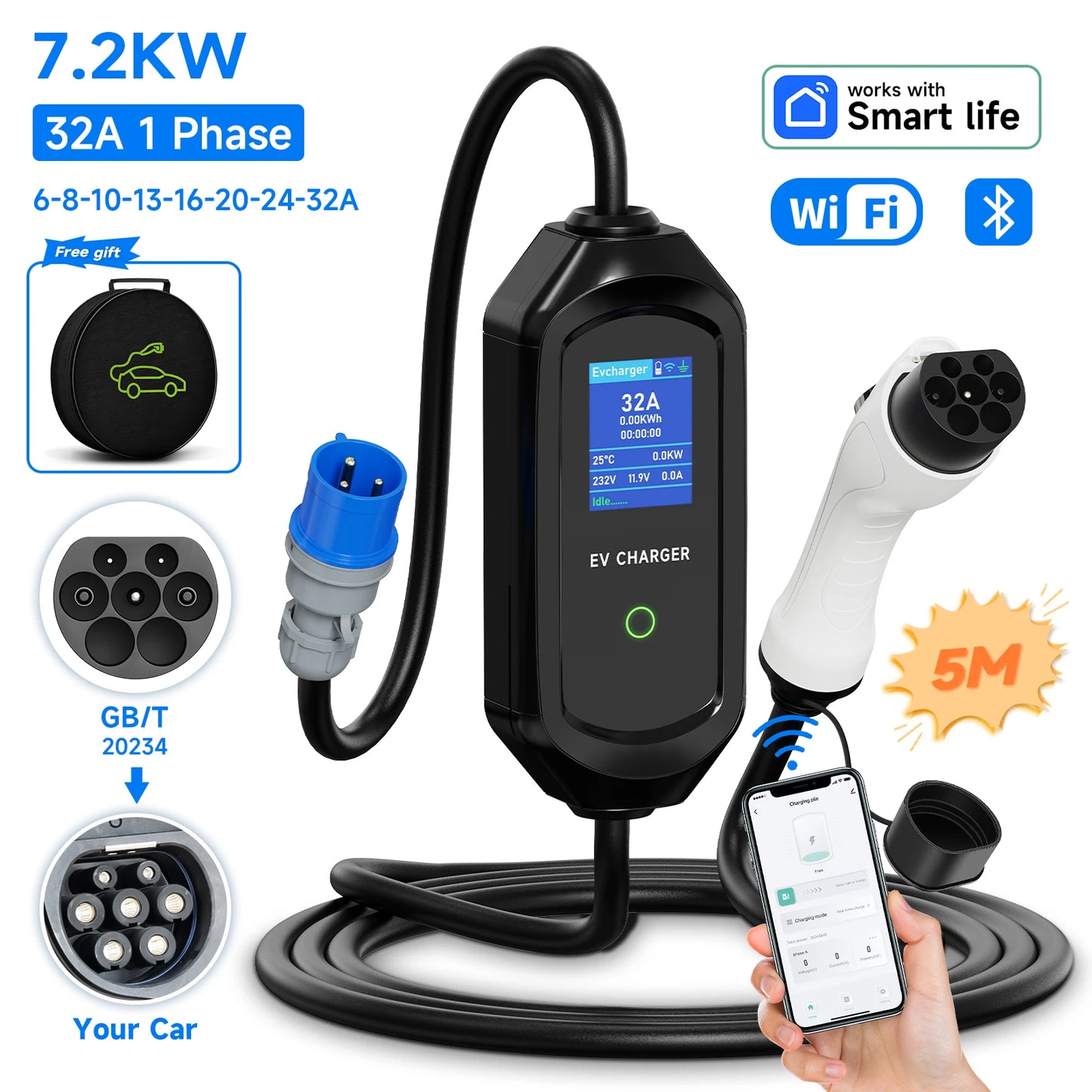 GB/T Portable EV Charger 3.6KW 7.2KW 11KW 22KW WiFi Bluetooth APP Control Adjustable Current IP65 Waterproof with 5m Cable and 2.8" LCD Display