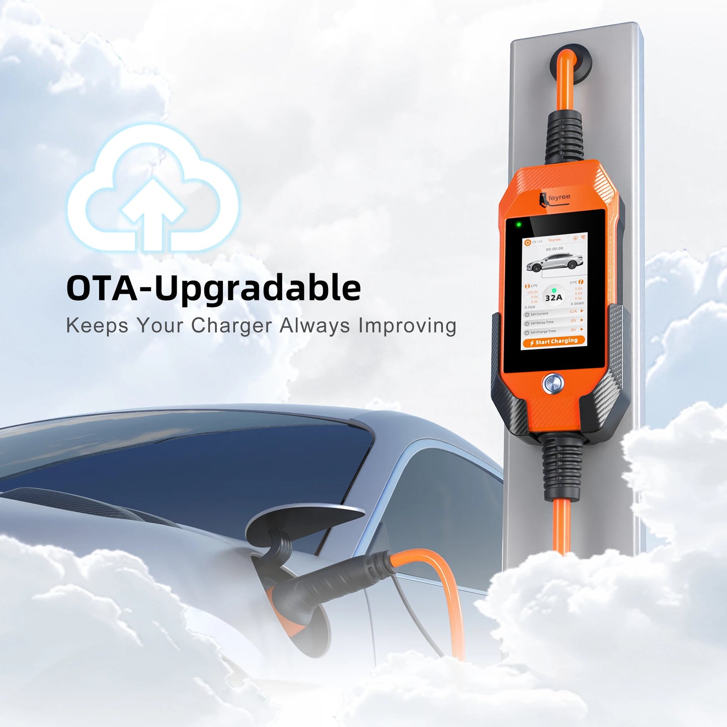 feyree 4.3 inch Touch Screen Type2 7kW 32A Adjustable Portable EV Charger with Adapter Smart APP Wi-Fi Control for Electric Cars