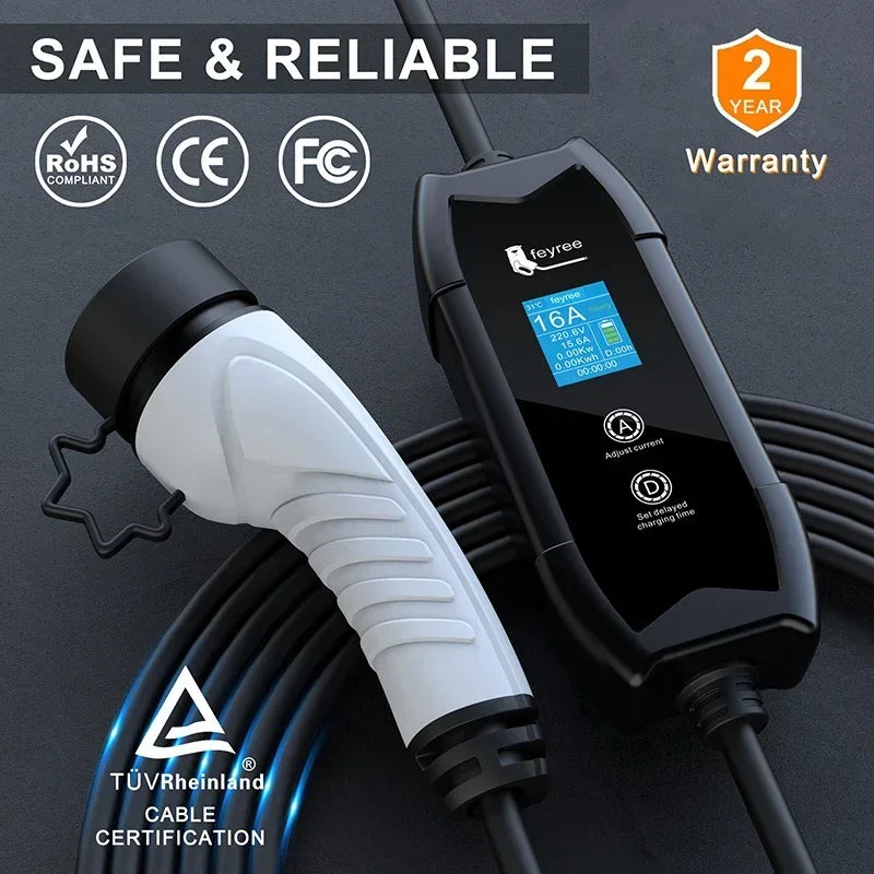 feyree Type2 3.5KW 16A Adjust Current EV Charger Portable Charging Box Set Current&Delay Time with Schuko Plug for Electric Ca
