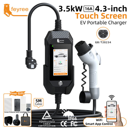 feyree GB/T EV charger 16A 3.5kW 1Phase 4.3'' Touchscreen & Smart APP OTA Version Current Adjustable for Electric Car Charger