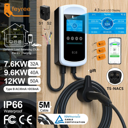 feyree Dynamic Load Blancing EV Charging Station 32A 7KW TS-NACS Charger Plug Car Charger EVSE Wallbox 9.6KW 12KW APP Control by 54Grid - Renewable Energy Store