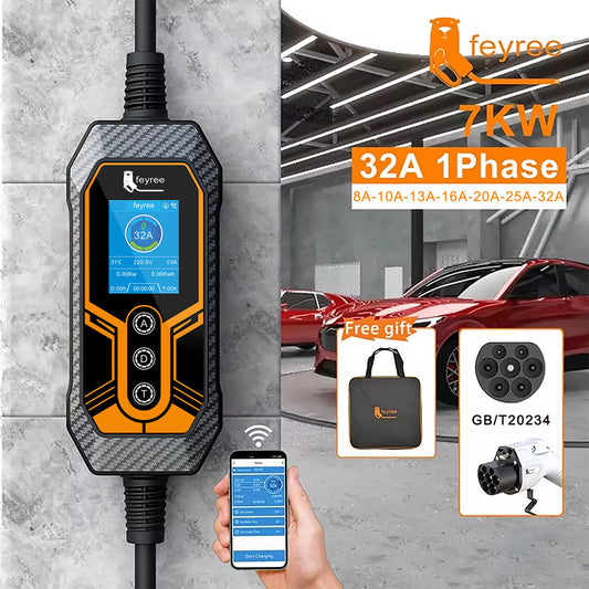 feyree GB/T Socket EV Charger 11KW 16A 3Phase Smart APP WIFI Bluetooth 32A 7KW 1Phase Portable Charging Box for Electric Vehicle
