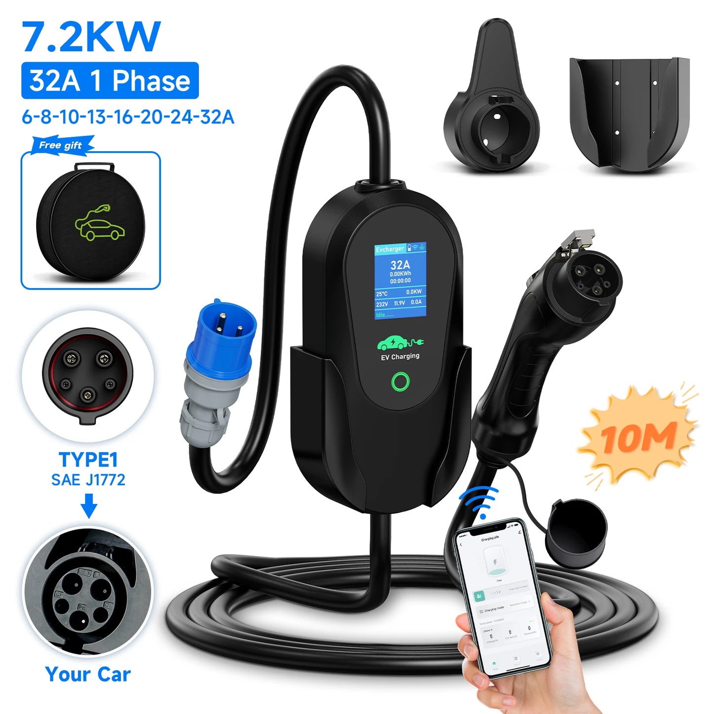AFYEEV 7.2KW 32A Portable Type2 IEC62196-2 EV Charger Type1 SAE J1772 Electric Car Charger GBT EVSE Charging Cable WiFi APP