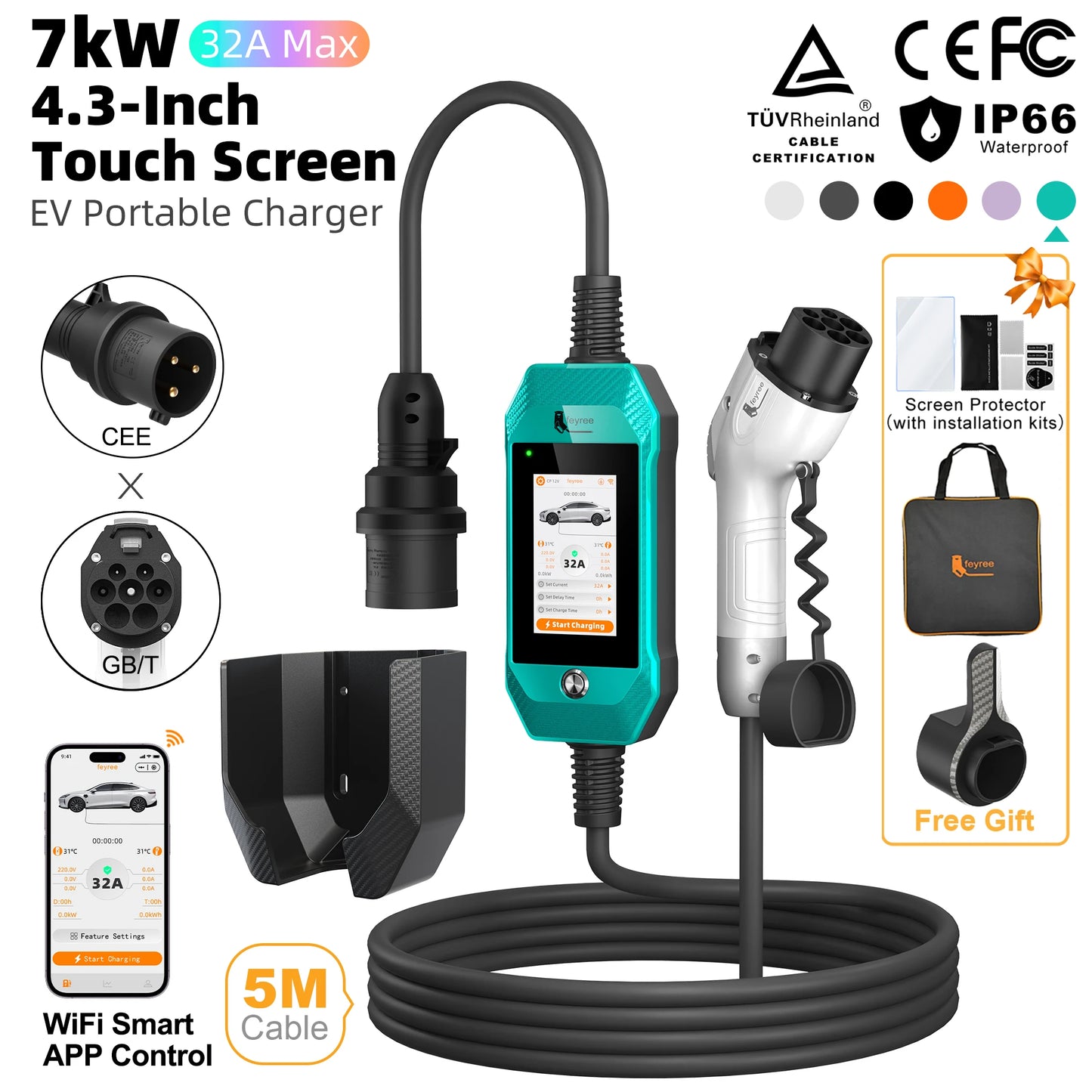feyree GB/T EV Charger 7kW 32A 1P Touch Screen 4.3inch Smart WIFI APP Control EVSE Portable Charging Box forElectric Car Charger